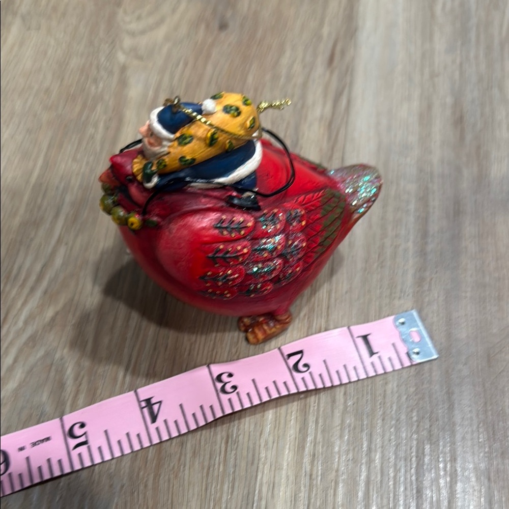 Whimsical Christmas Tree Ornament 4 inch Blue Santa Riding on Red Bird - Picture 5 of 7